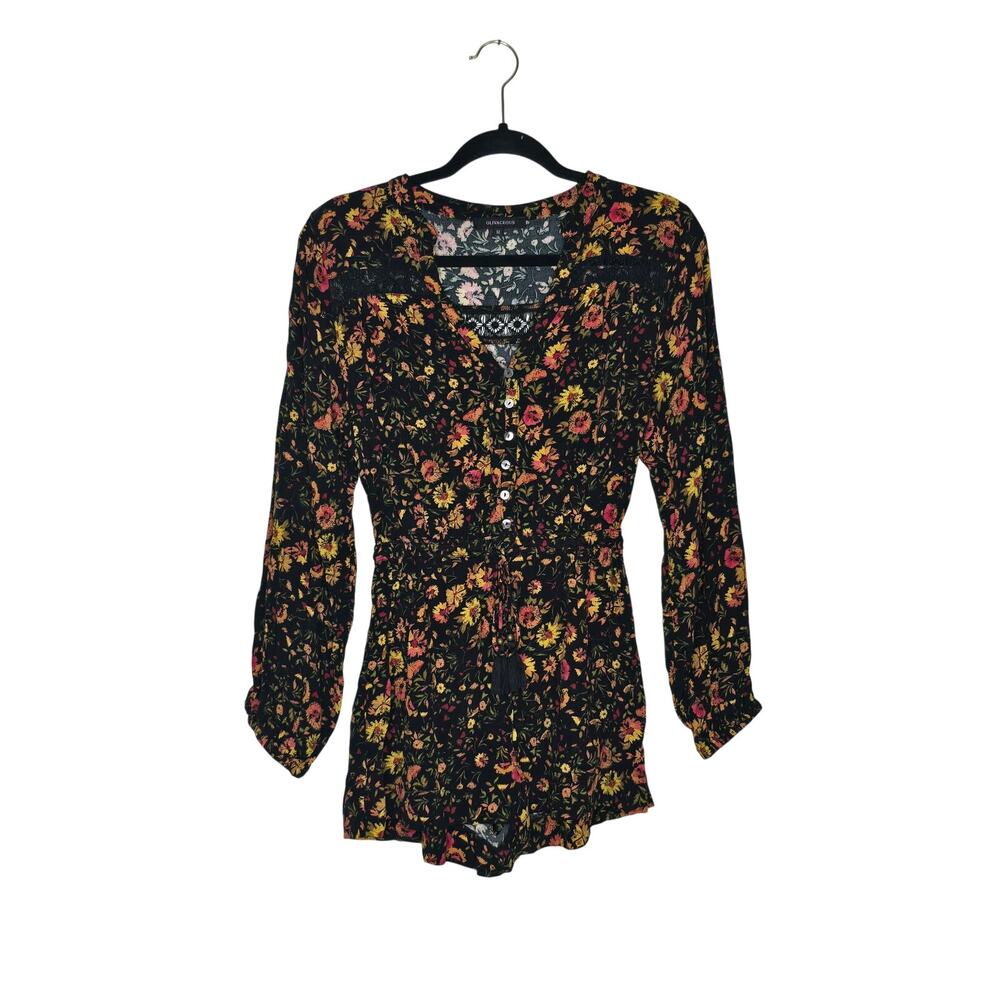 Olivaceous Floral Romper Womens M Black Long Sleeve Boho Fall Tassel Lace